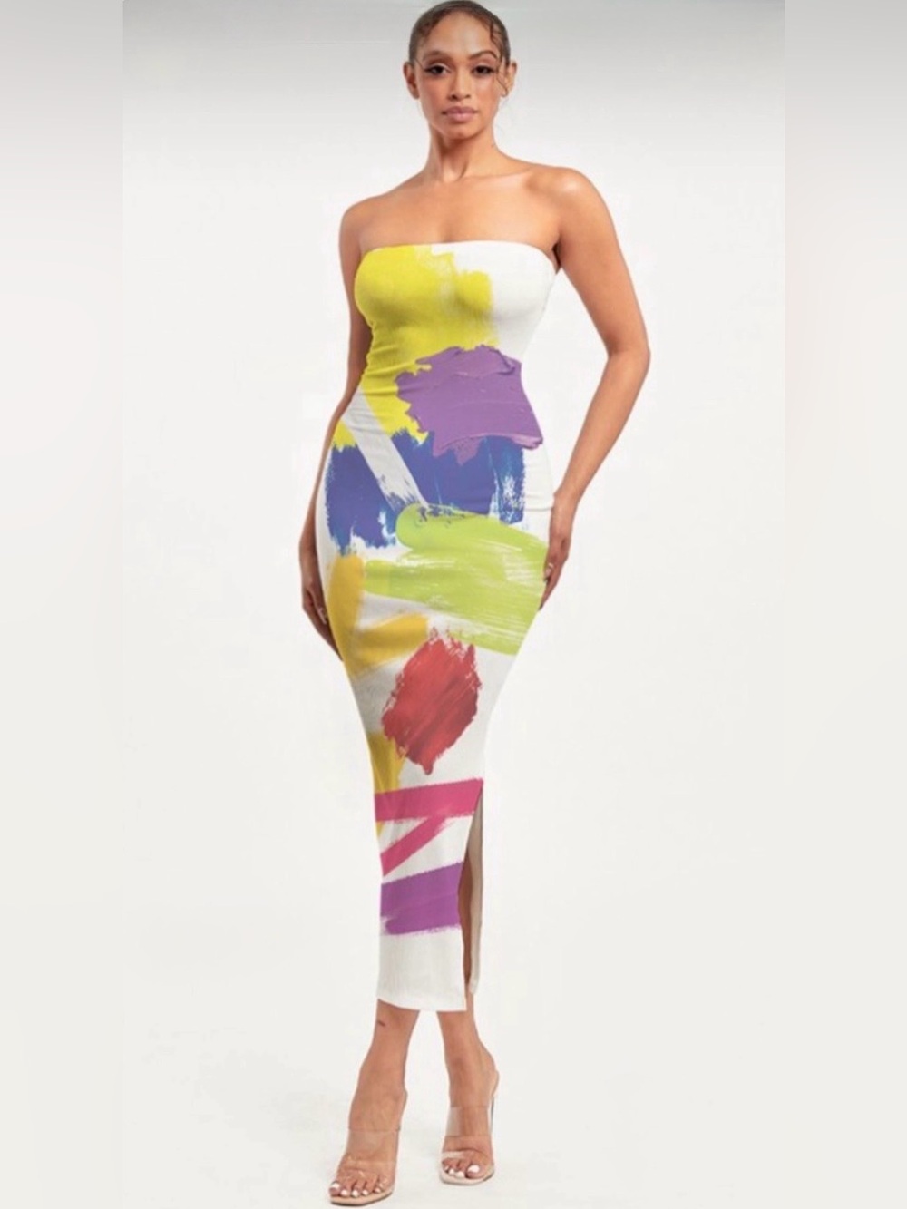 Strapless Abstract Paint-Print Bodycon Dress - White Multi
